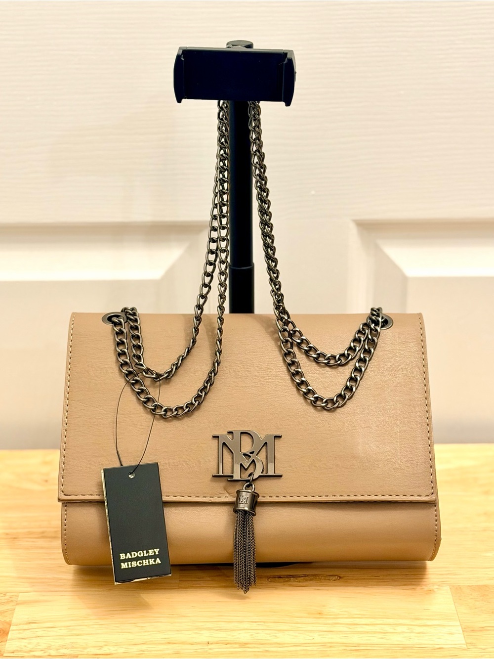NWT Badgley Mischka Taupe Metal Fringe Crossbody Bag Vegan Leather